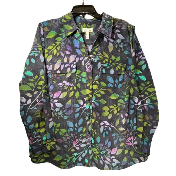 D & Co Button Up Shirt Multicolor Leaf Print Long Sleeve Large Denim Co Roll Tab - Picture 2 of 14